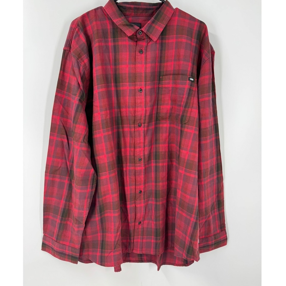 Vans Men Crimson Cort Flannel Button Down Shirt XXL Chili Pepper Red Black Plaid
